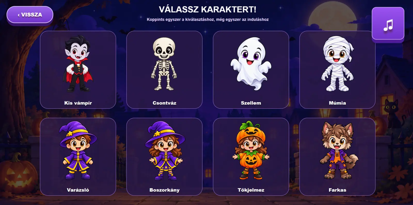Nyolc választható karakter a Mazsola Klub Halloween játékban