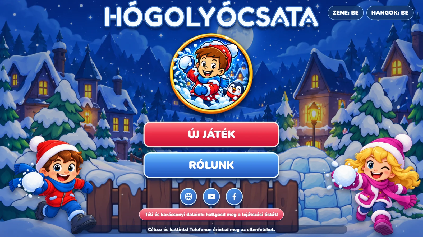 Mazsola Klub Hógolyócsata főmenü két télies ruhás gyermekkel és hóeséssel