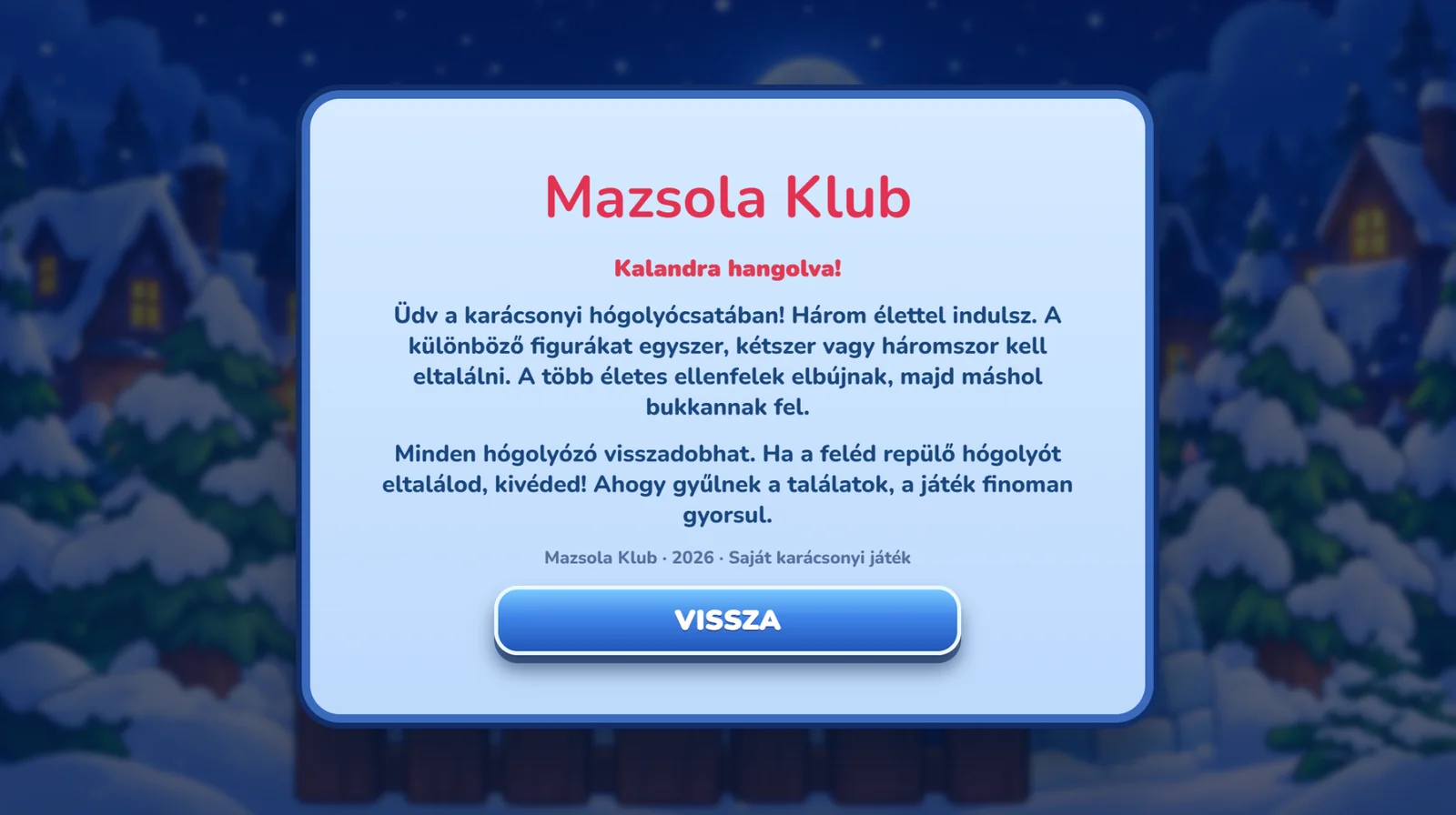 Hógolyócsata Rólunk képernyő a játékszabályokkal